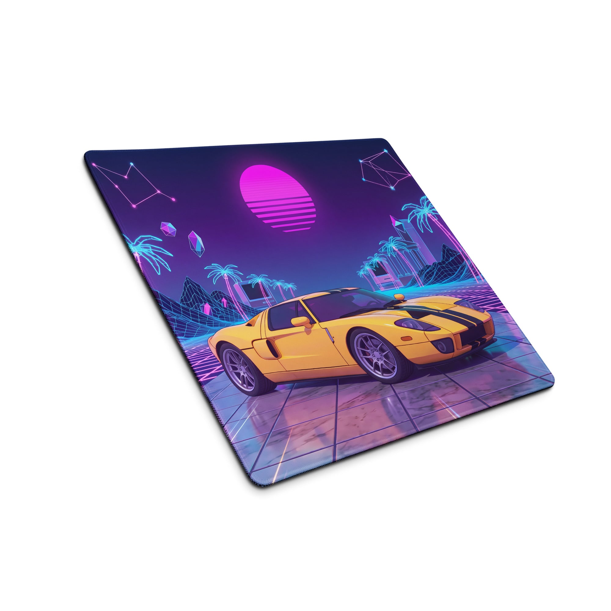 Ford GT Inspired Yellow Purple Vaporwave Gaming Mouse Pad, American Supercar Desk Mat with Neon Grid, Palm Trees and Retro Futuristic Sunset Artwork