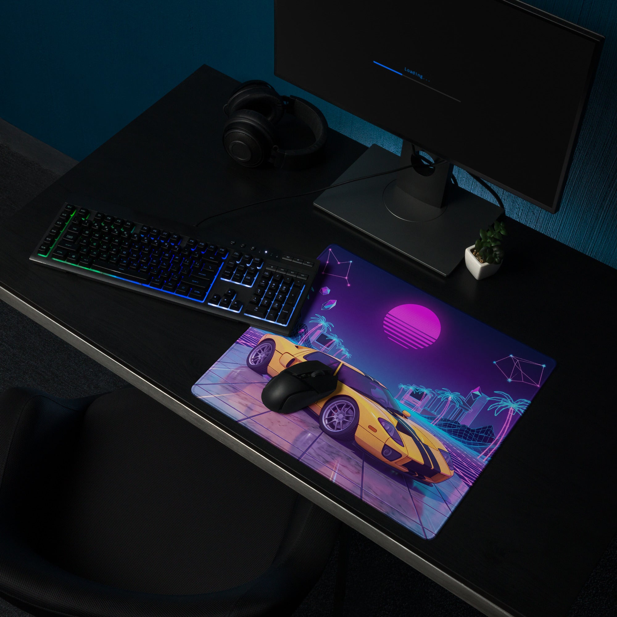Ford GT Inspired Yellow Purple Vaporwave Gaming Mouse Pad, American Supercar Desk Mat with Neon Grid, Palm Trees and Retro Futuristic Sunset Artwork