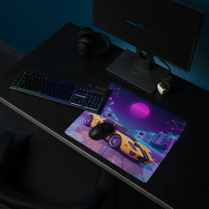 Ford GT Inspired Yellow Purple Vaporwave Gaming Mouse Pad, American Supercar Desk Mat with Neon Grid, Palm Trees and Retro Futuristic Sunset Artwork