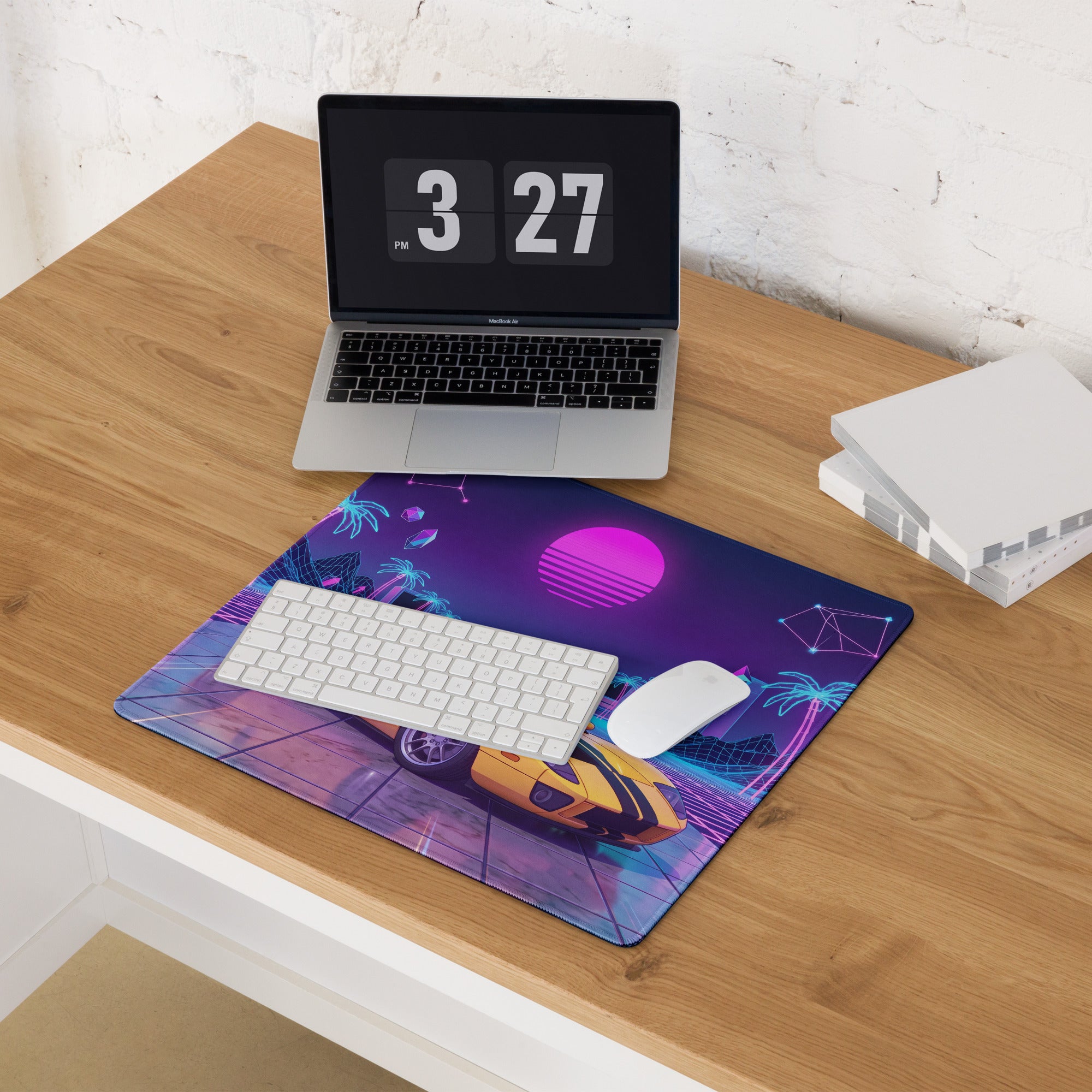 Ford GT Inspired Yellow Purple Vaporwave Gaming Mouse Pad, American Supercar Desk Mat with Neon Grid, Palm Trees and Retro Futuristic Sunset Artwork