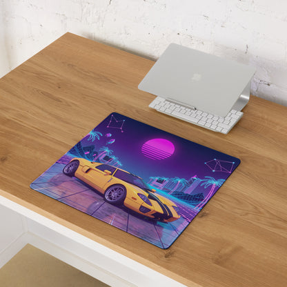 Ford GT Inspired Yellow Purple Vaporwave Gaming Mouse Pad, American Supercar Desk Mat with Neon Grid, Palm Trees and Retro Futuristic Sunset Artwork