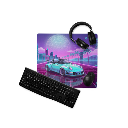 Porsche 911 964 Inspired Mint Green Purple Vaporwave Gaming Mouse Pad, Widebody Sports Car Desk Mat with Neon Futuristic Overpass Artwork