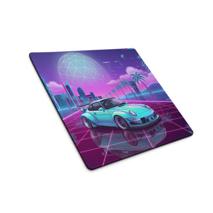 Porsche 911 964 Inspired Mint Green Purple Vaporwave Gaming Mouse Pad, Widebody Sports Car Desk Mat with Neon Futuristic Overpass Artwork