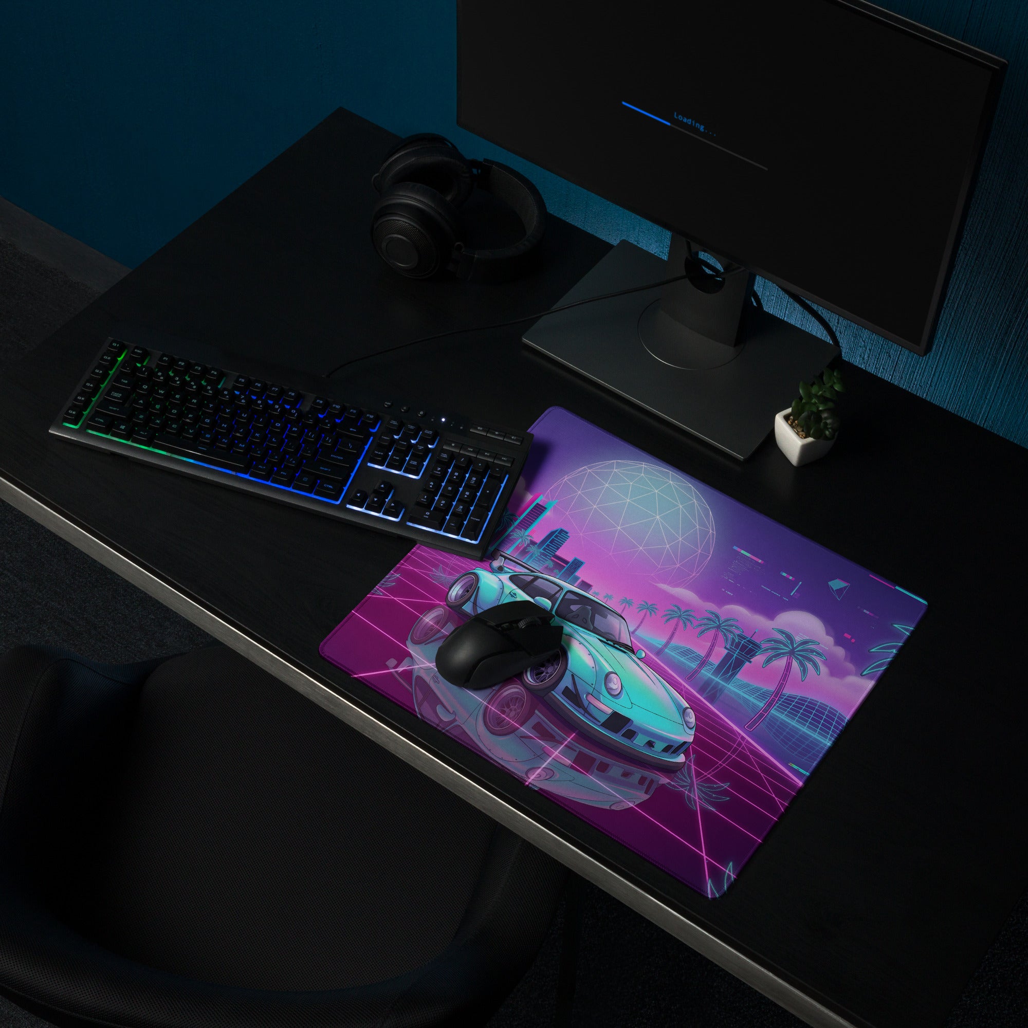 Porsche 911 964 Inspired Mint Green Purple Vaporwave Gaming Mouse Pad, Widebody Sports Car Desk Mat with Neon Futuristic Overpass Artwork