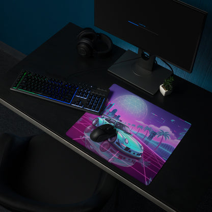 Porsche 911 964 Inspired Mint Green Purple Vaporwave Gaming Mouse Pad, Widebody Sports Car Desk Mat with Neon Futuristic Overpass Artwork