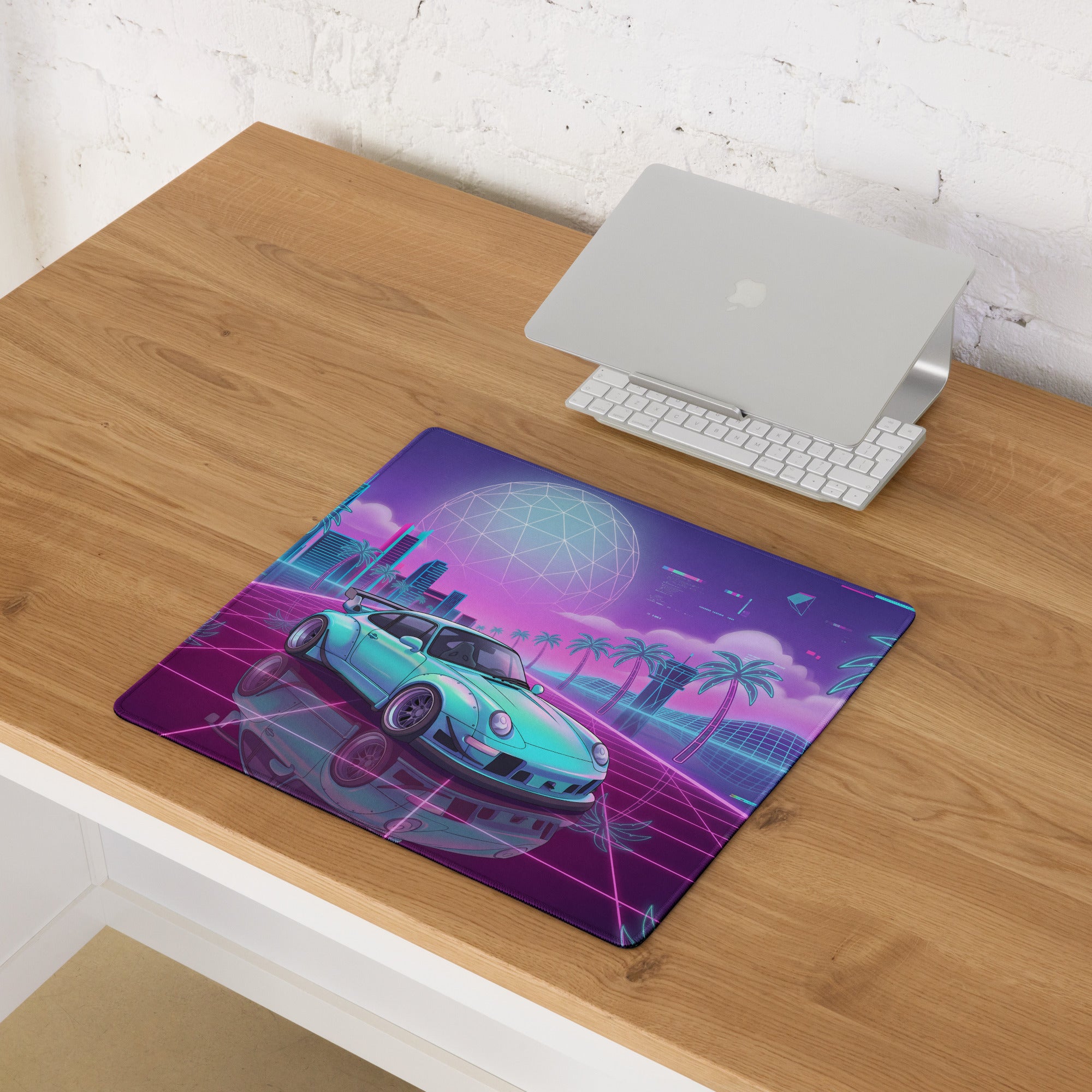 Porsche 911 964 Inspired Mint Green Purple Vaporwave Gaming Mouse Pad, Widebody Sports Car Desk Mat with Neon Futuristic Overpass Artwork