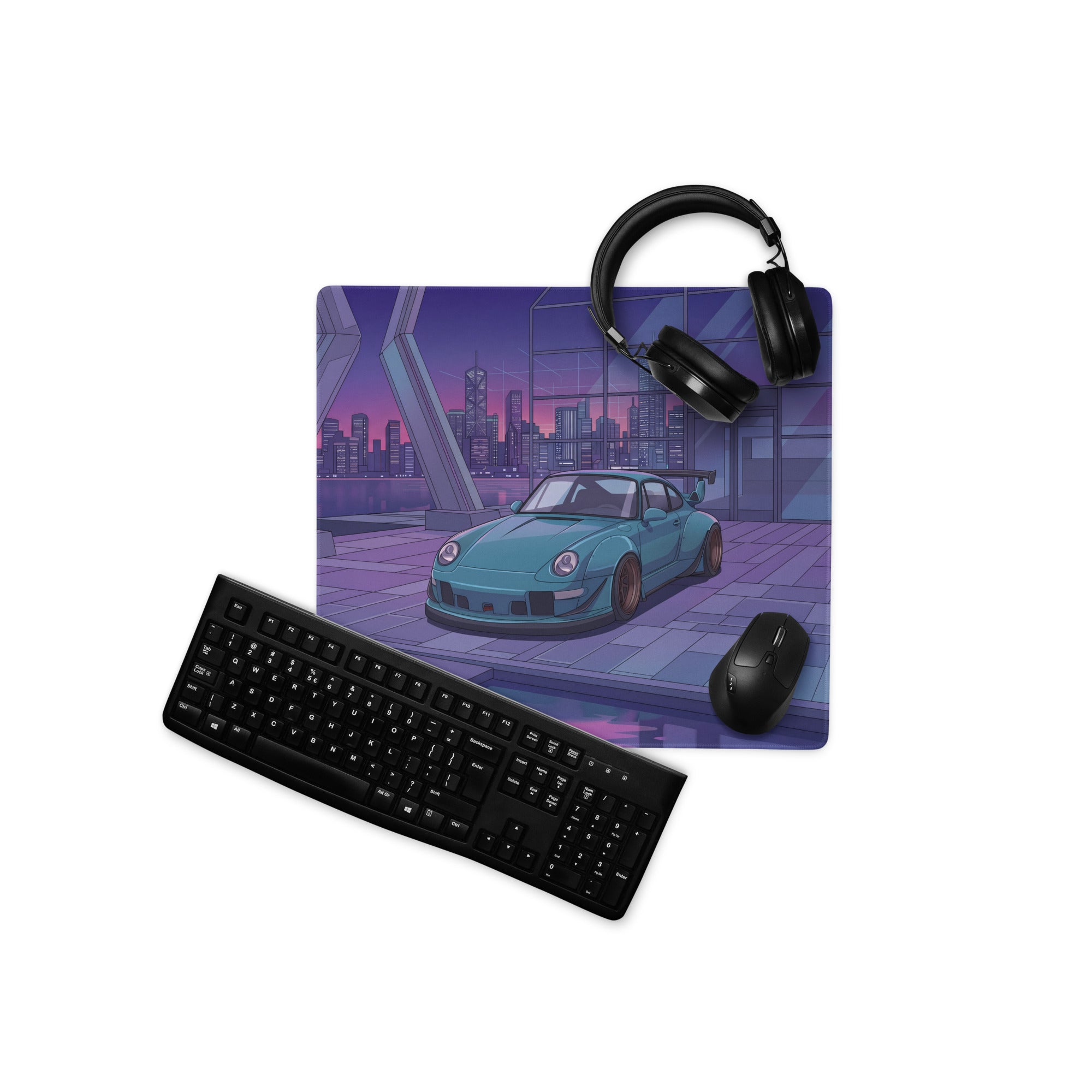 Porsche 911 993 Widebody Inspired Teal Purple Vaporwave Gaming Mouse Pad, Neon Sports Car Desk Mat with Futuristic City Garage Artwork