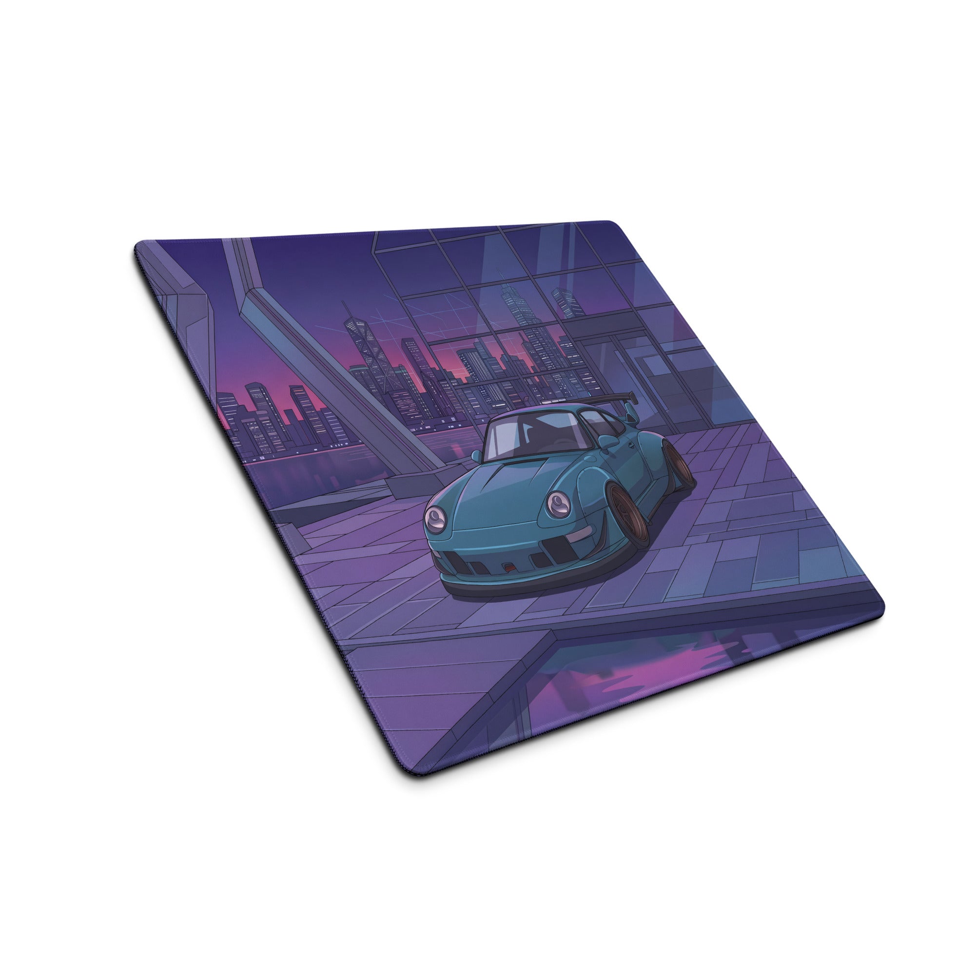 Porsche 911 993 Widebody Inspired Teal Purple Vaporwave Gaming Mouse Pad, Neon Sports Car Desk Mat with Futuristic City Garage Artwork