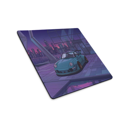 Porsche 911 993 Widebody Inspired Teal Purple Vaporwave Gaming Mouse Pad, Neon Sports Car Desk Mat with Futuristic City Garage Artwork