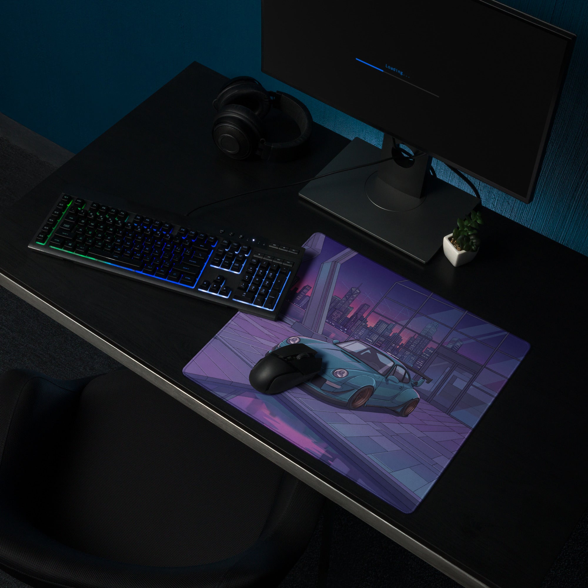 Porsche 911 993 Widebody Inspired Teal Purple Vaporwave Gaming Mouse Pad, Neon Sports Car Desk Mat with Futuristic City Garage Artwork