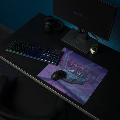 Porsche 911 993 Widebody Inspired Teal Purple Vaporwave Gaming Mouse Pad, Neon Sports Car Desk Mat with Futuristic City Garage Artwork