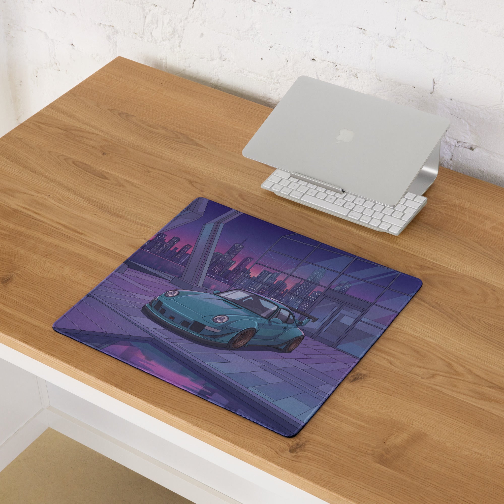 Porsche 911 993 Widebody Inspired Teal Purple Vaporwave Gaming Mouse Pad, Neon Sports Car Desk Mat with Futuristic City Garage Artwork