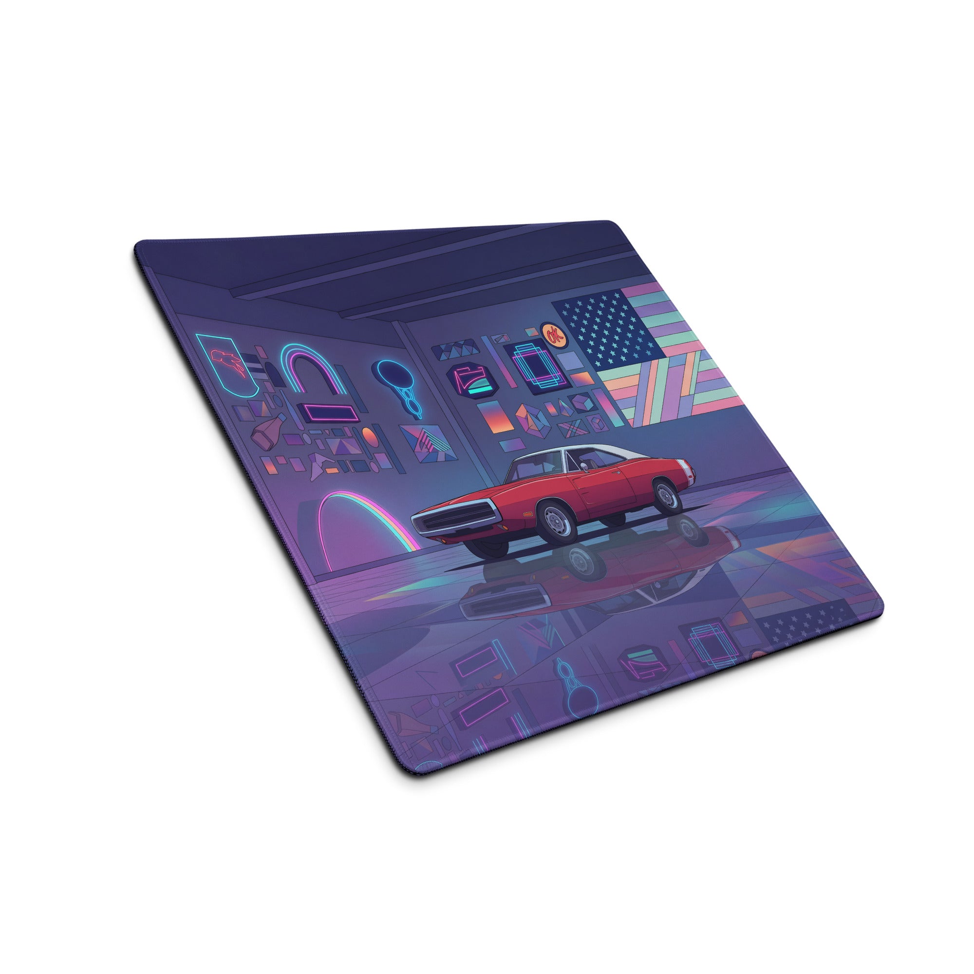 1969 Dodge Charger R/T Inspired Red Purple Vaporwave Gaming Mouse Pad, Classic American Muscle Car Desk Mat with Neon Retro Garage Artwork