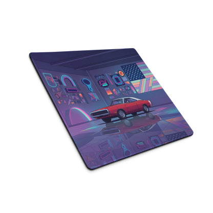 1969 Dodge Charger R/T Inspired Red Purple Vaporwave Gaming Mouse Pad, Classic American Muscle Car Desk Mat with Neon Retro Garage Artwork