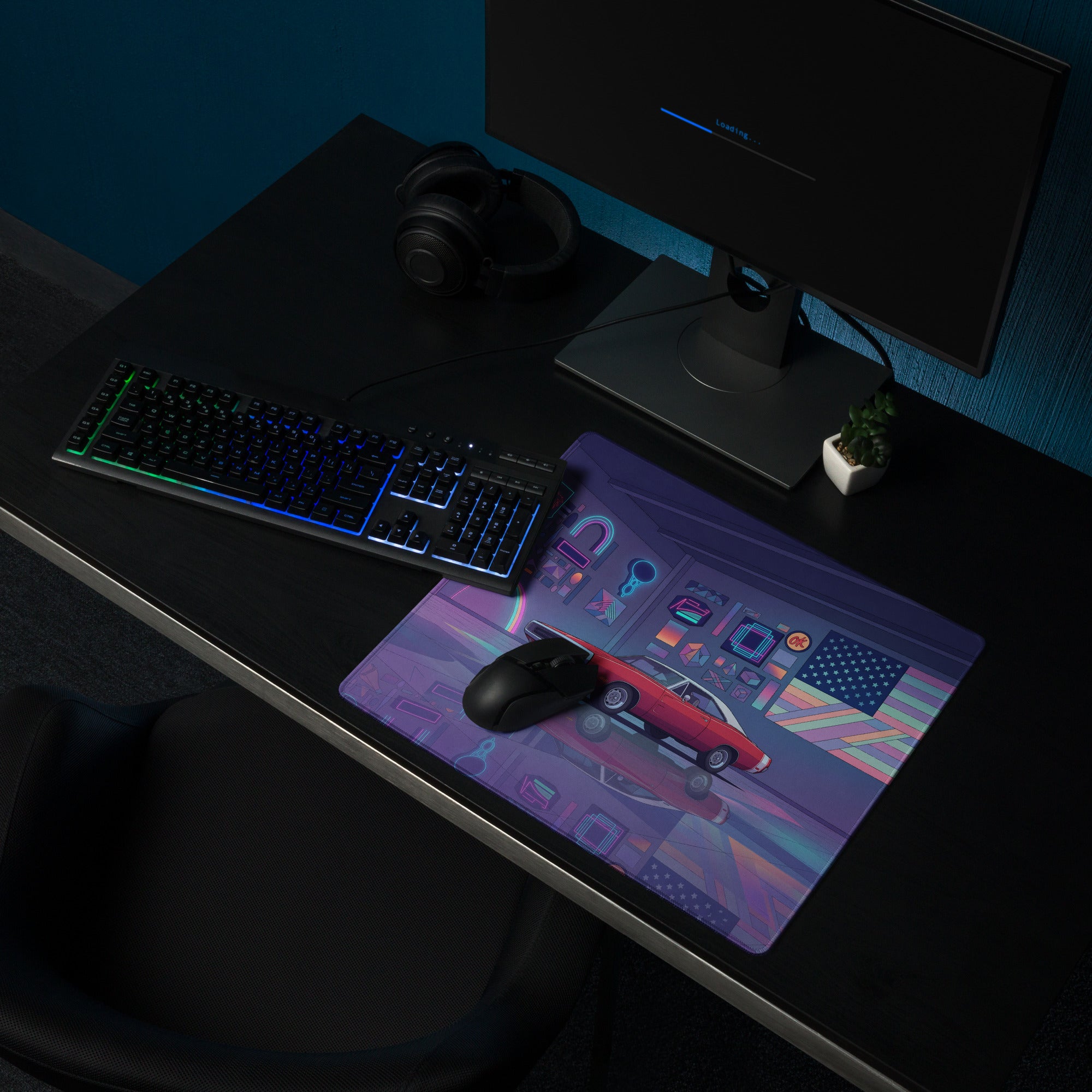 1969 Dodge Charger R/T Inspired Red Purple Vaporwave Gaming Mouse Pad, Classic American Muscle Car Desk Mat with Neon Retro Garage Artwork