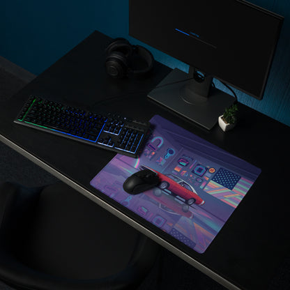 1969 Dodge Charger R/T Inspired Red Purple Vaporwave Gaming Mouse Pad, Classic American Muscle Car Desk Mat with Neon Retro Garage Artwork