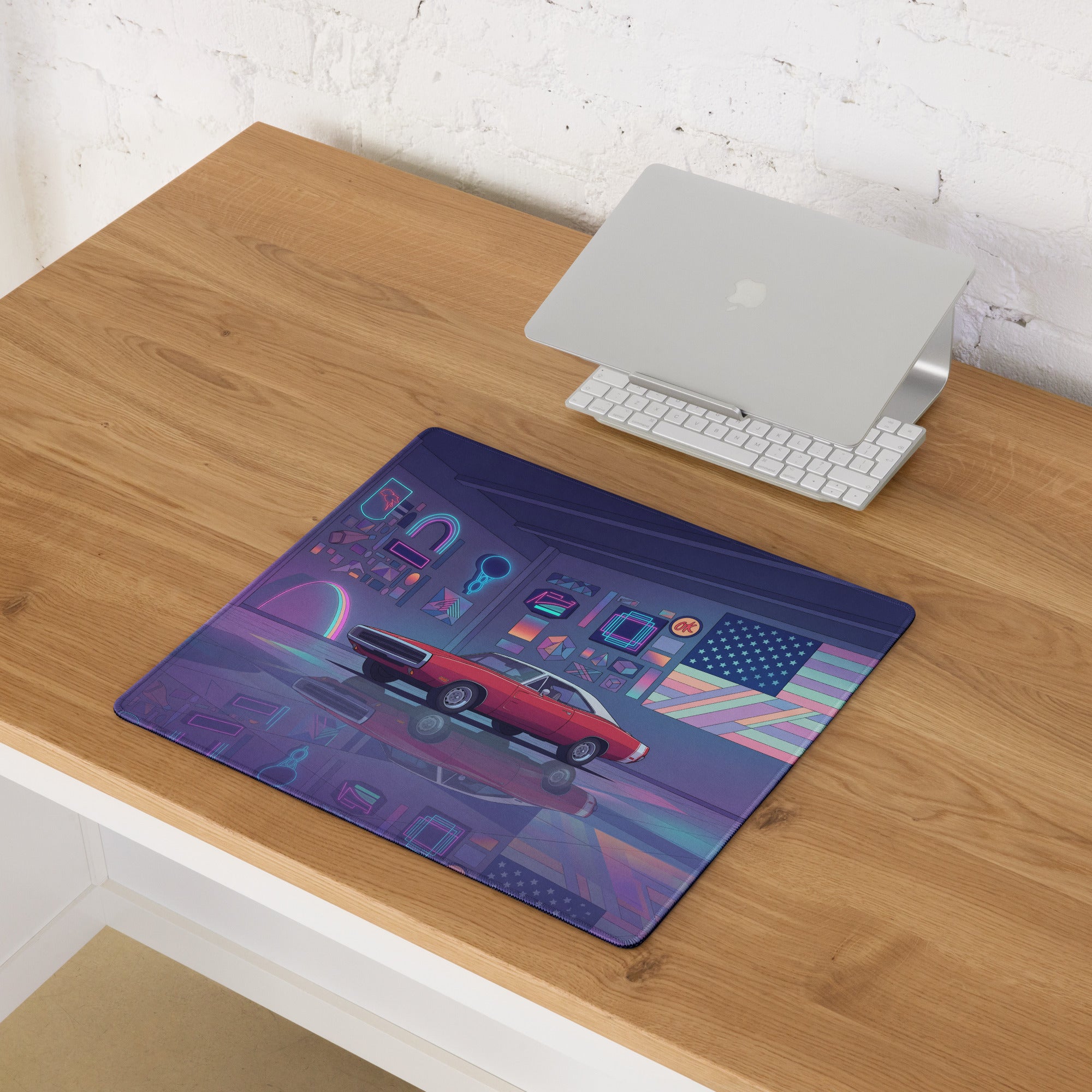 1969 Dodge Charger R/T Inspired Red Purple Vaporwave Gaming Mouse Pad, Classic American Muscle Car Desk Mat with Neon Retro Garage Artwork