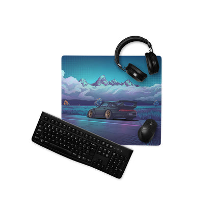 RWB Porsche 911 Turbo Inspired Black Teal Vaporwave Gaming Mouse Pad, Classic Sports Car Desk Mat with Neon Mountain Road and Storm Cloud Artwork