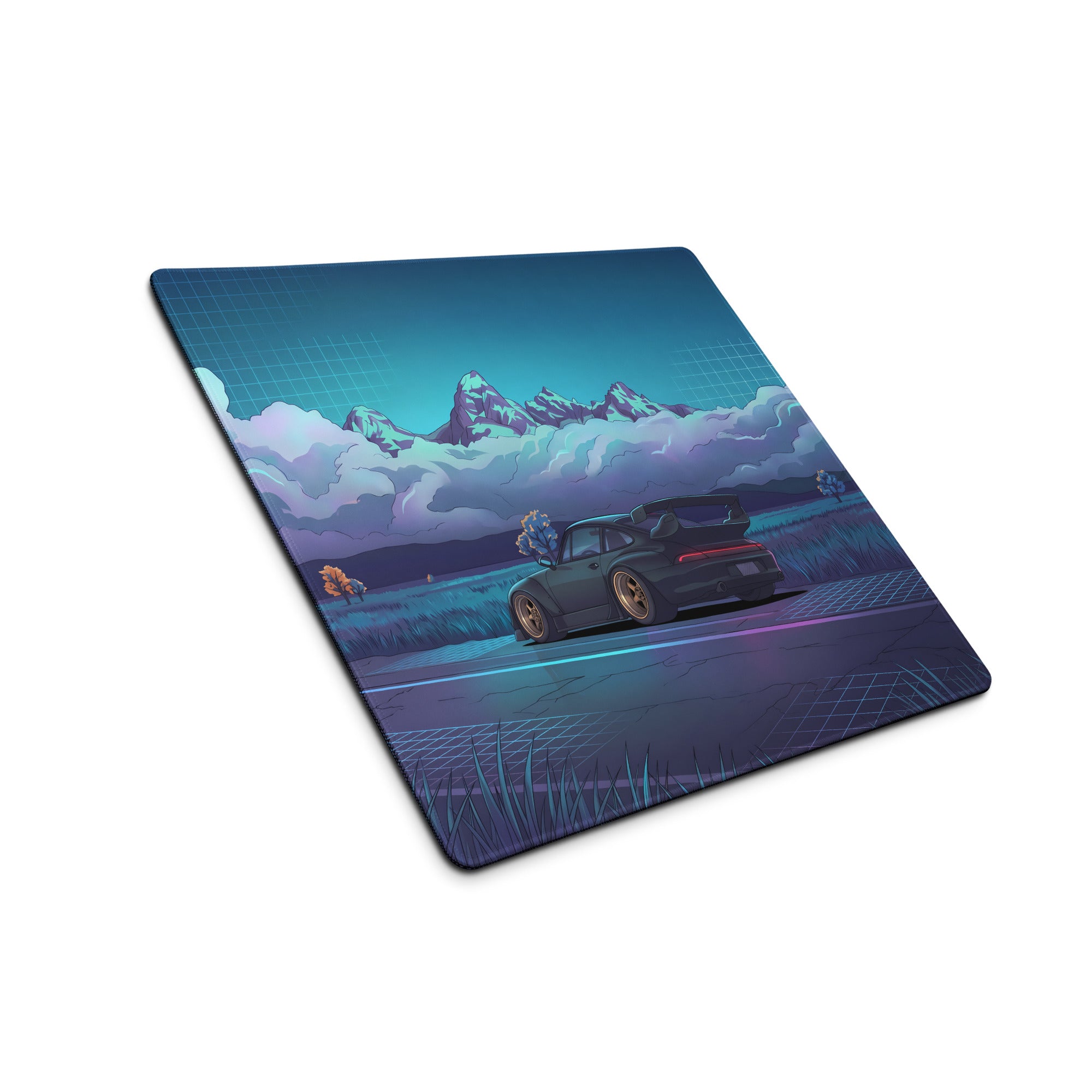 RWB Porsche 911 Turbo Inspired Black Teal Vaporwave Gaming Mouse Pad, Classic Sports Car Desk Mat with Neon Mountain Road and Storm Cloud Artwork