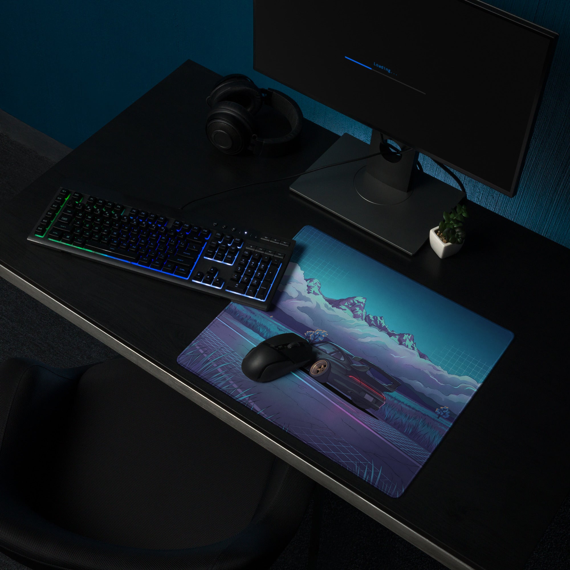 RWB Porsche 911 Turbo Inspired Black Teal Vaporwave Gaming Mouse Pad, Classic Sports Car Desk Mat with Neon Mountain Road and Storm Cloud Artwork