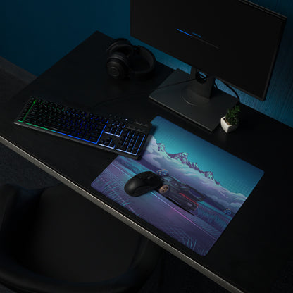 RWB Porsche 911 Turbo Inspired Black Teal Vaporwave Gaming Mouse Pad, Classic Sports Car Desk Mat with Neon Mountain Road and Storm Cloud Artwork