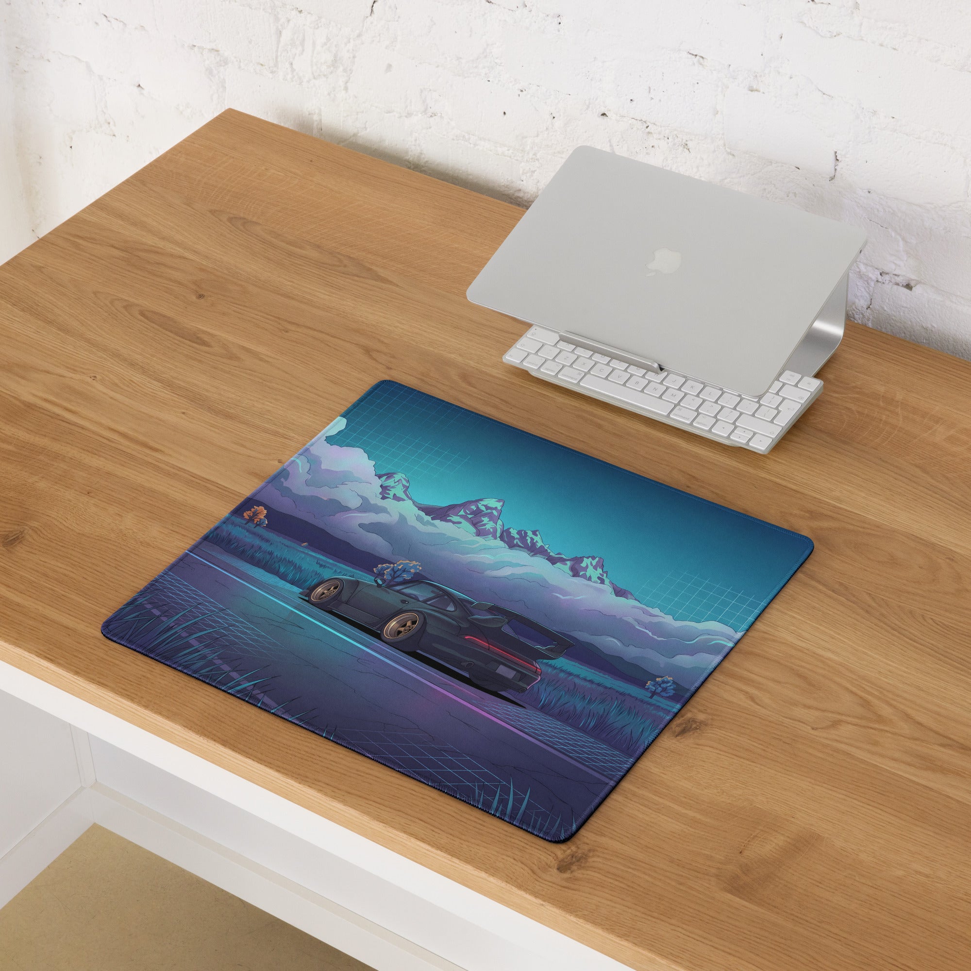 RWB Porsche 911 Turbo Inspired Black Teal Vaporwave Gaming Mouse Pad, Classic Sports Car Desk Mat with Neon Mountain Road and Storm Cloud Artwork