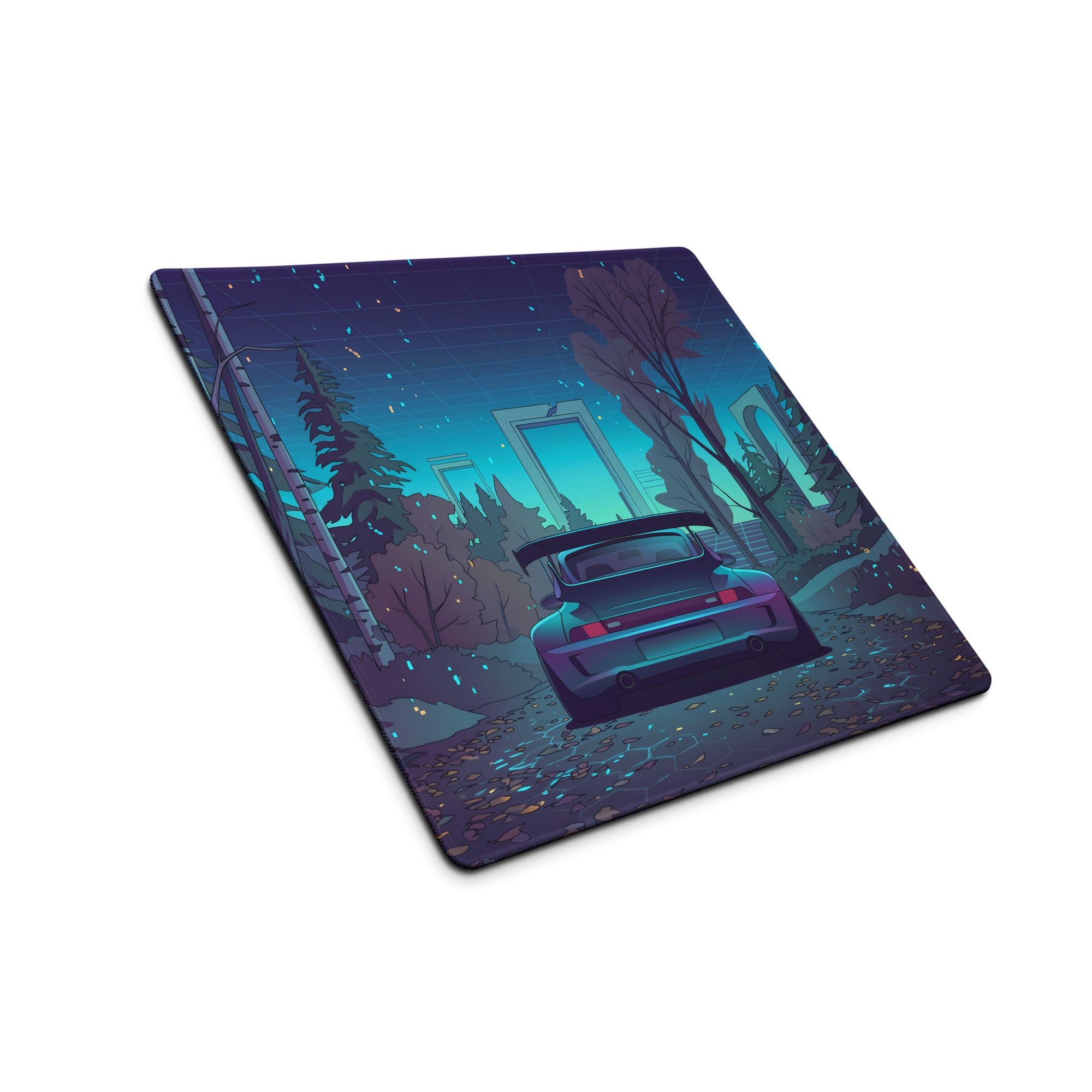 Porsche 911 Turbo 993 Inspired Teal Purple Vaporwave Gaming Mouse Pad, Classic Sports Car Desk Mat with Enchanted Neon Forest Artwork