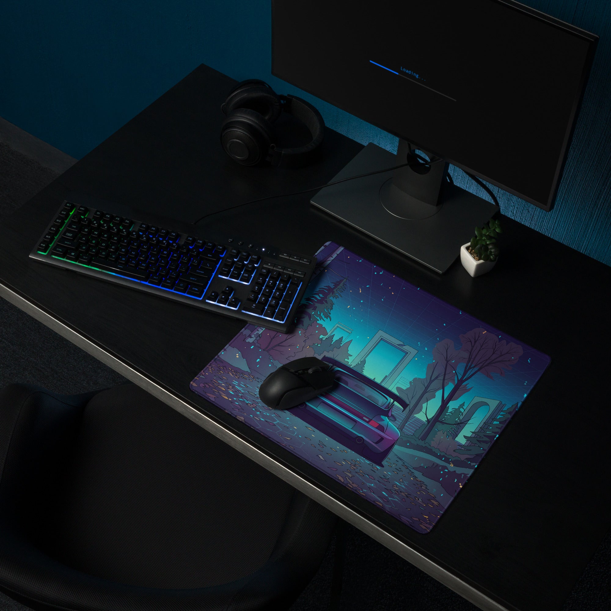 Porsche 911 Turbo 993 Inspired Teal Purple Vaporwave Gaming Mouse Pad, Classic Sports Car Desk Mat with Enchanted Neon Forest Artwork