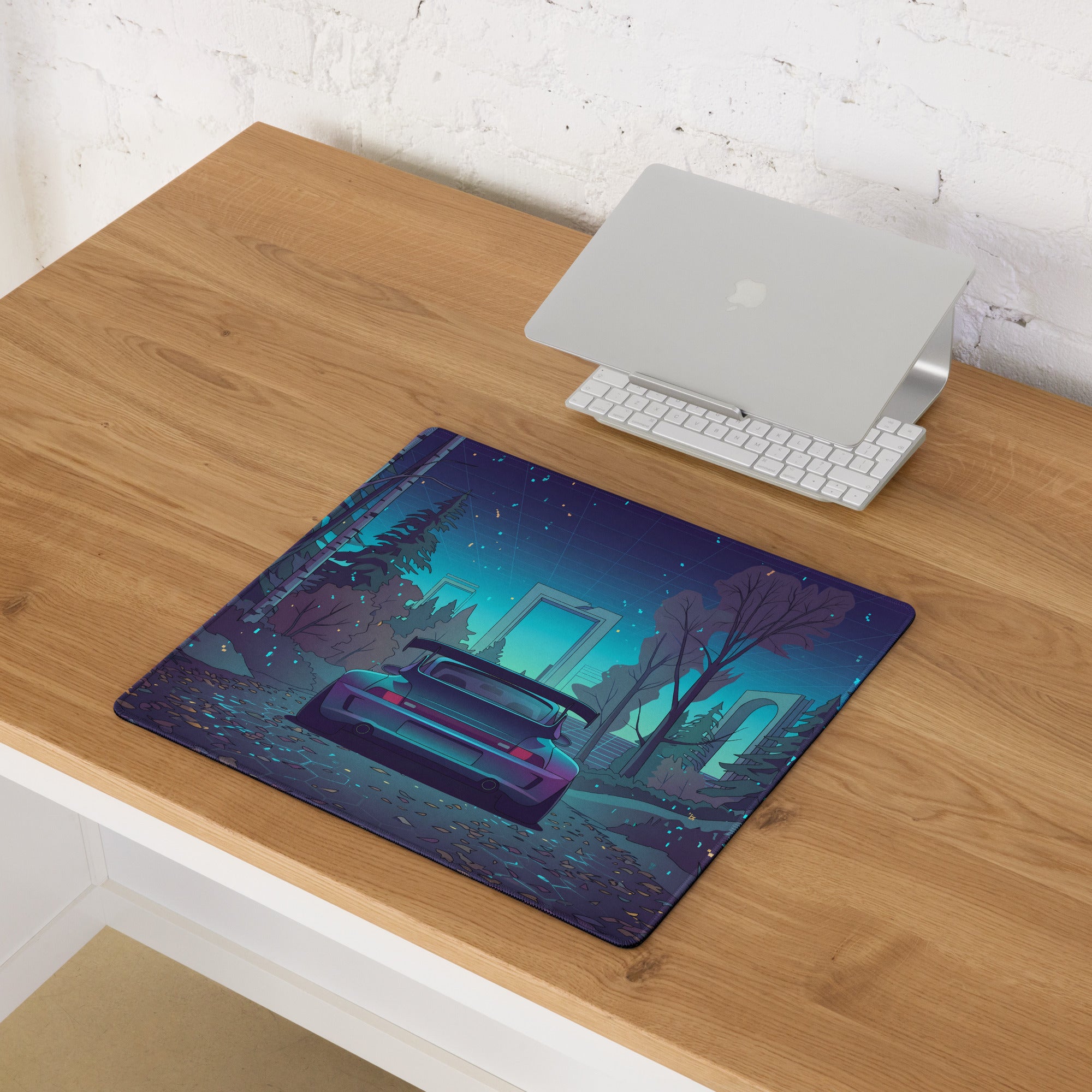 Porsche 911 Turbo 993 Inspired Teal Purple Vaporwave Gaming Mouse Pad, Classic Sports Car Desk Mat with Enchanted Neon Forest Artwork