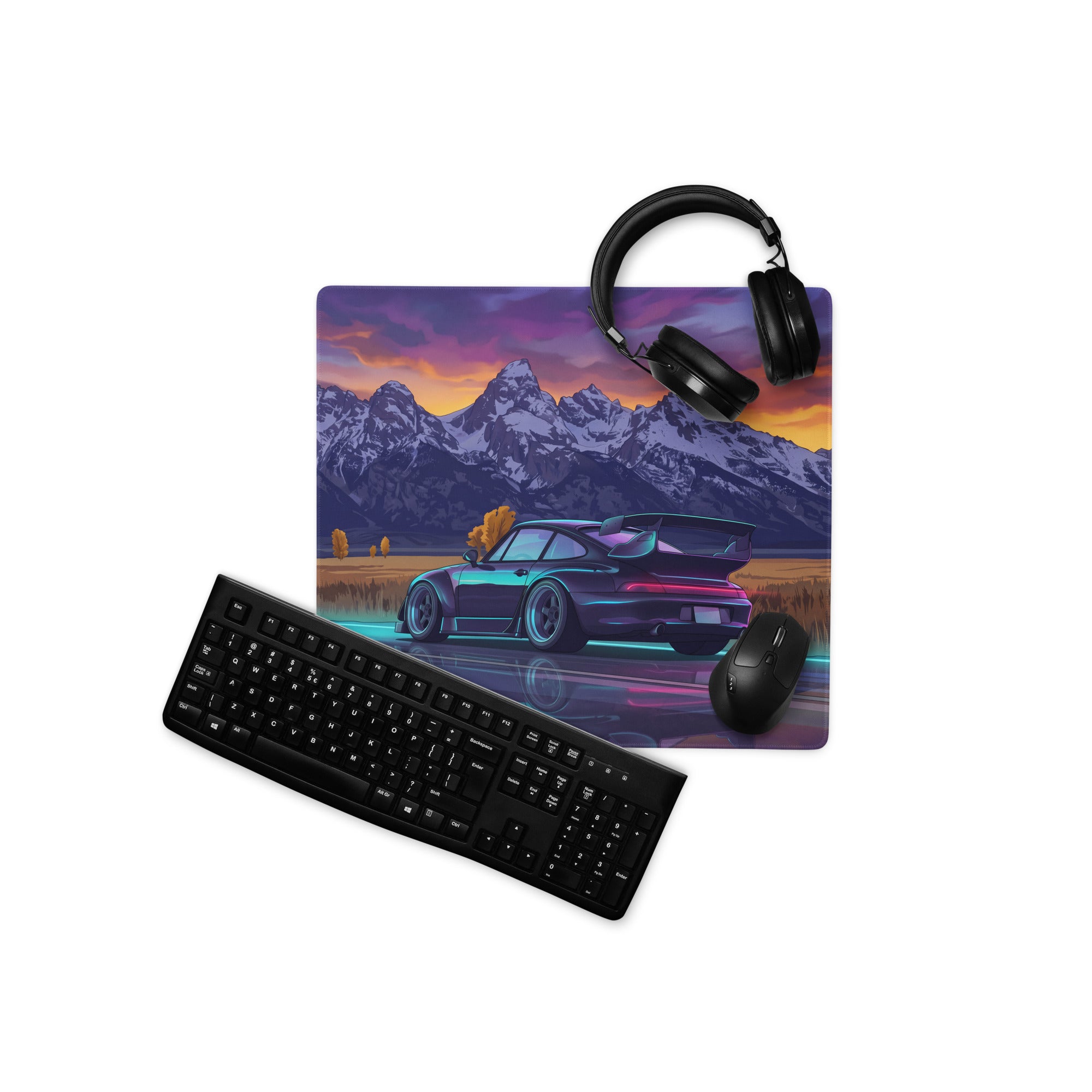 RWB Porsche 911 Turbo 964 Inspired Black Purple Vaporwave Gaming Mouse Pad, Classic Sports Car Desk Mat with Neon Mountain Sunset Artwork