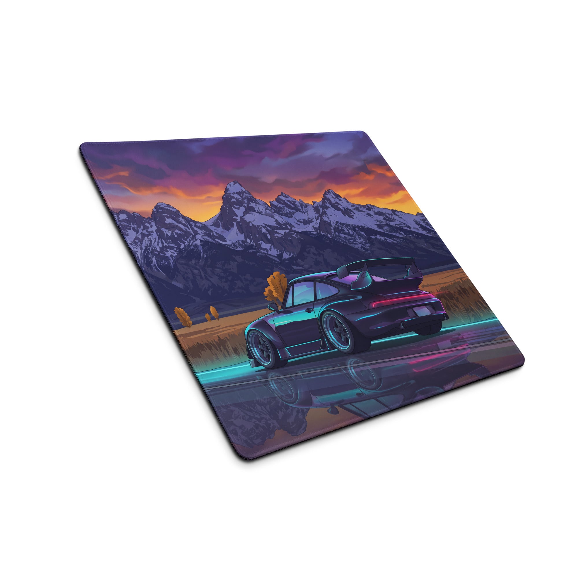RWB Porsche 911 Turbo 964 Inspired Black Purple Vaporwave Gaming Mouse Pad, Classic Sports Car Desk Mat with Neon Mountain Sunset Artwork