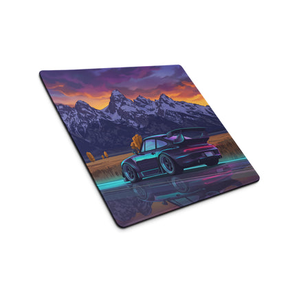 RWB Porsche 911 Turbo 964 Inspired Black Purple Vaporwave Gaming Mouse Pad, Classic Sports Car Desk Mat with Neon Mountain Sunset Artwork