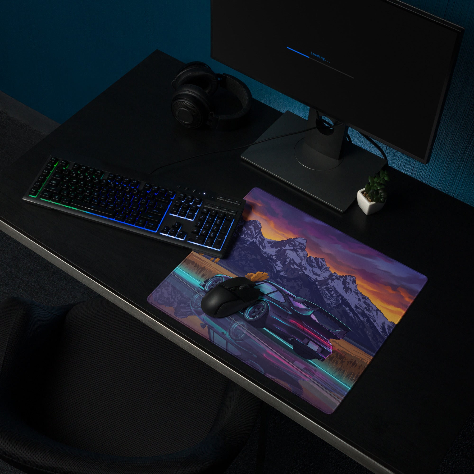 RWB Porsche 911 Turbo 964 Inspired Black Purple Vaporwave Gaming Mouse Pad, Classic Sports Car Desk Mat with Neon Mountain Sunset Artwork