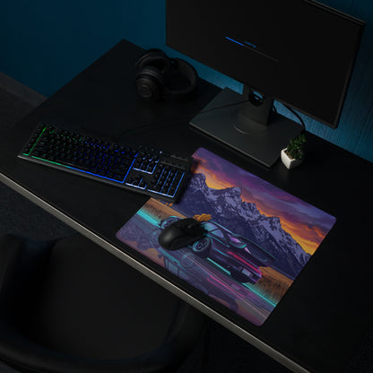 RWB Porsche 911 Turbo 964 Inspired Black Purple Vaporwave Gaming Mouse Pad, Classic Sports Car Desk Mat with Neon Mountain Sunset Artwork