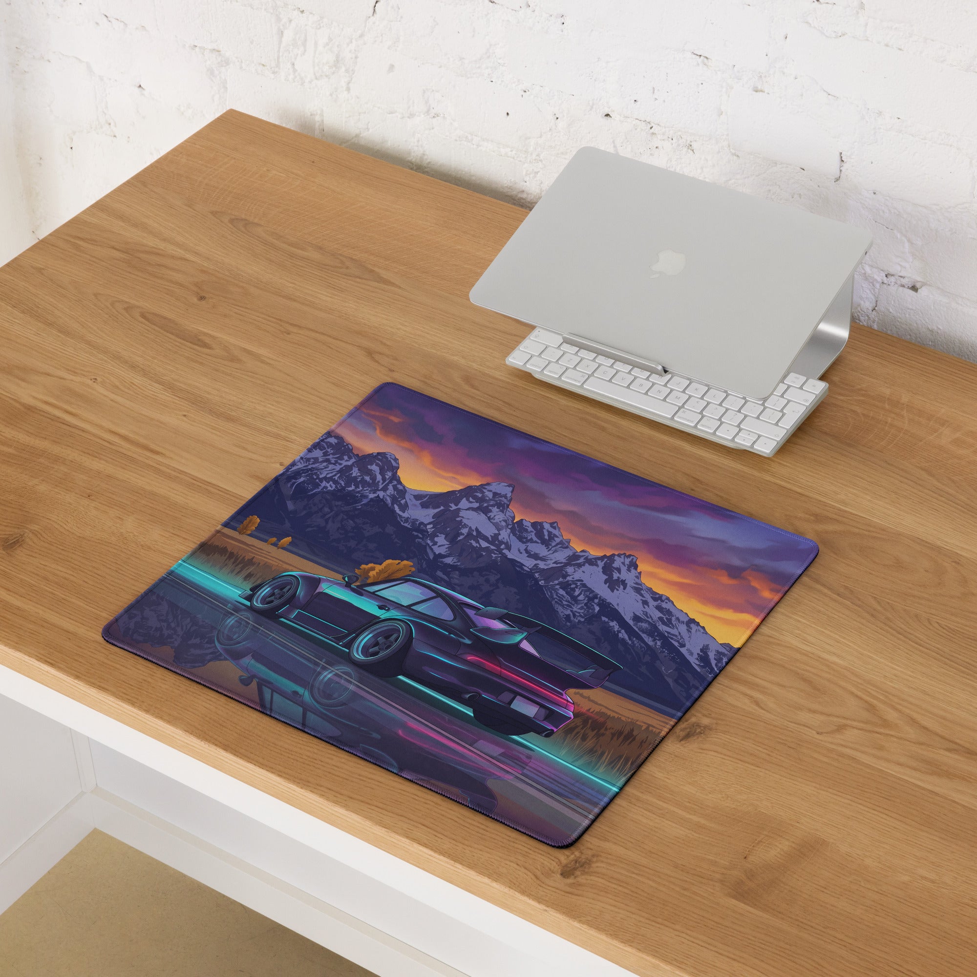 RWB Porsche 911 Turbo 964 Inspired Black Purple Vaporwave Gaming Mouse Pad, Classic Sports Car Desk Mat with Neon Mountain Sunset Artwork