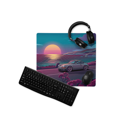Porsche 911 Carrera 964 Inspired Silver Teal Vaporwave Gaming Mouse Pad, Classic Sports Car Desk Mat with Neon Coastal Sunset Artwork