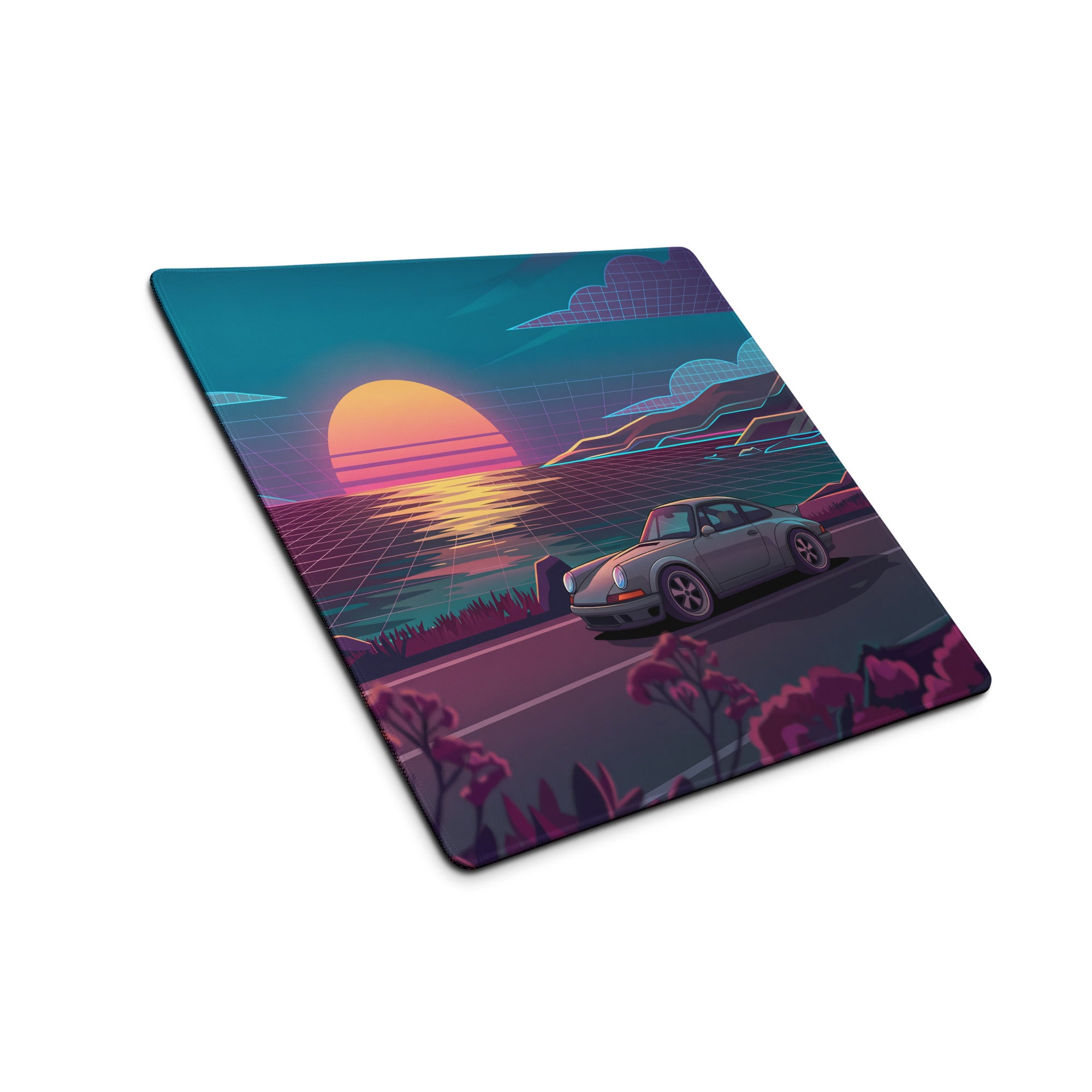 Porsche 911 Carrera 964 Inspired Silver Teal Vaporwave Gaming Mouse Pad, Classic Sports Car Desk Mat with Neon Coastal Sunset Artwork