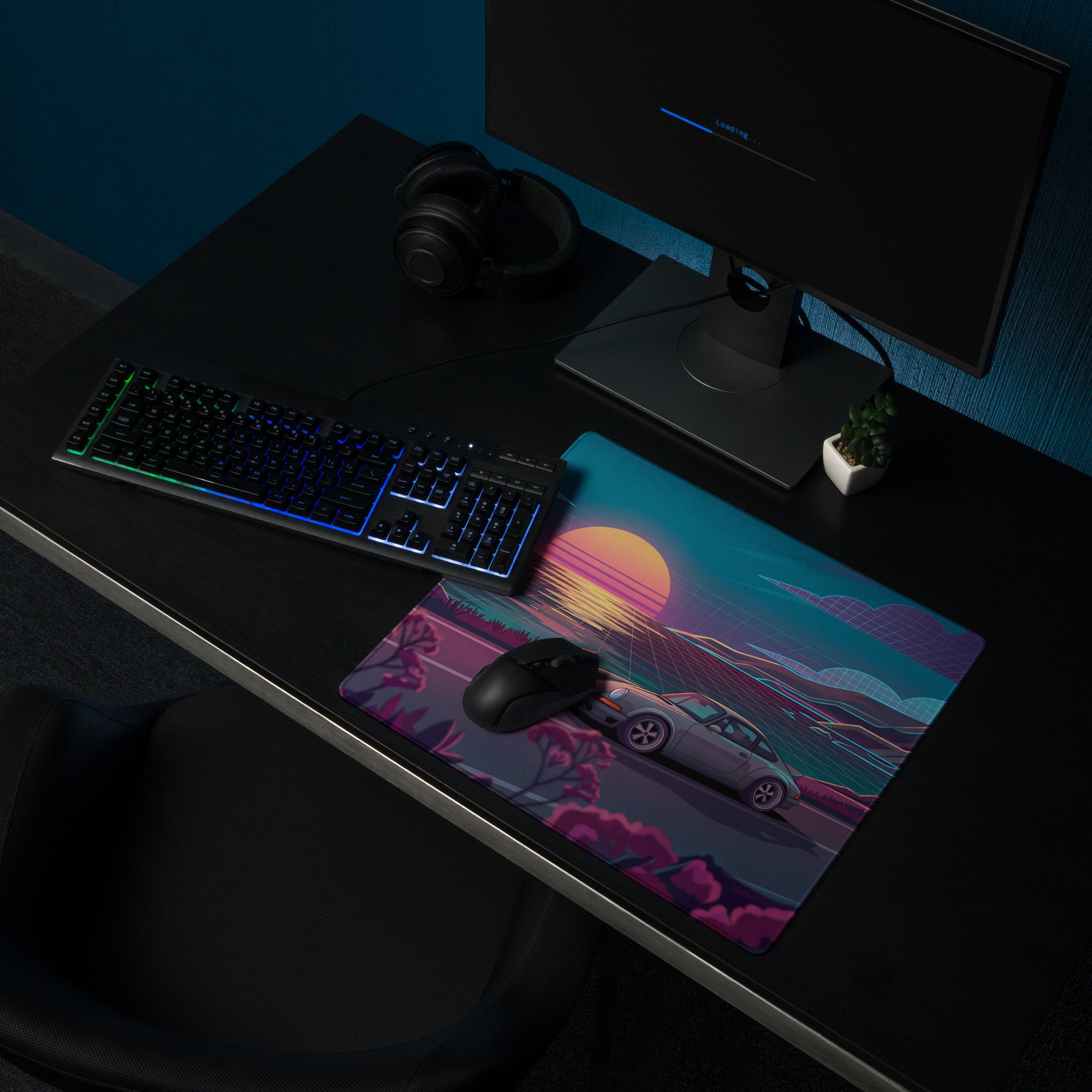 Porsche 911 Carrera 964 Inspired Silver Teal Vaporwave Gaming Mouse Pad, Classic Sports Car Desk Mat with Neon Coastal Sunset Artwork