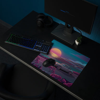 Porsche 911 Carrera 964 Inspired Silver Teal Vaporwave Gaming Mouse Pad, Classic Sports Car Desk Mat with Neon Coastal Sunset Artwork