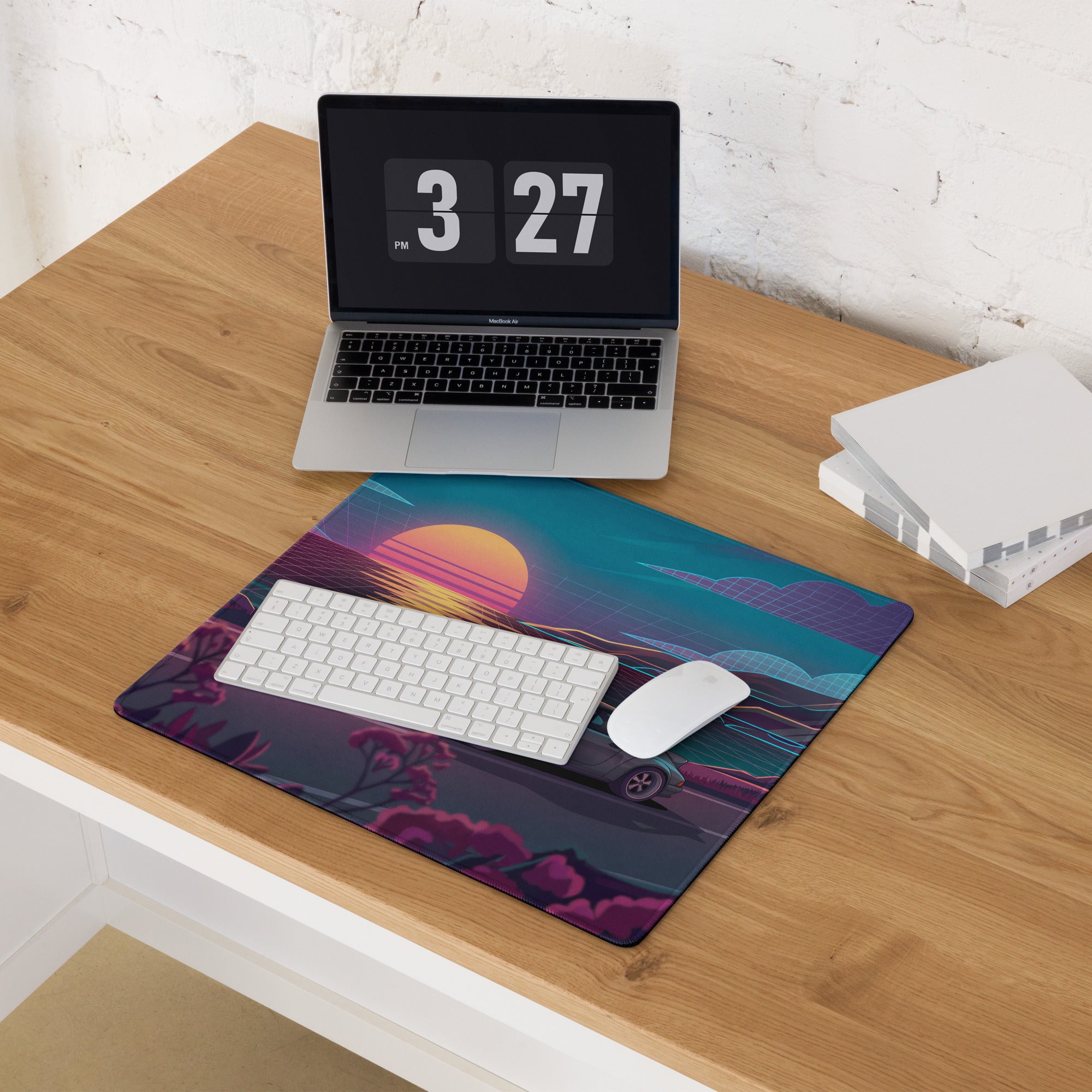 Porsche 911 Carrera 964 Inspired Silver Teal Vaporwave Gaming Mouse Pad, Classic Sports Car Desk Mat with Neon Coastal Sunset Artwork