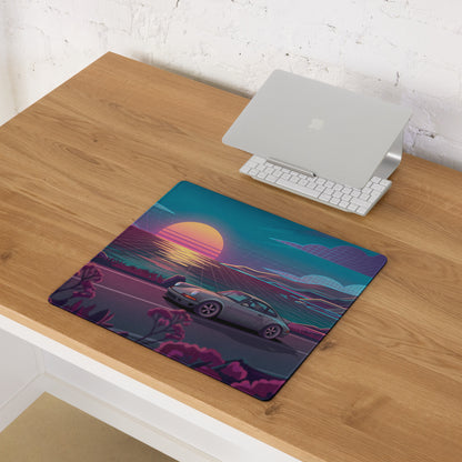 Porsche 911 Carrera 964 Inspired Silver Teal Vaporwave Gaming Mouse Pad, Classic Sports Car Desk Mat with Neon Coastal Sunset Artwork