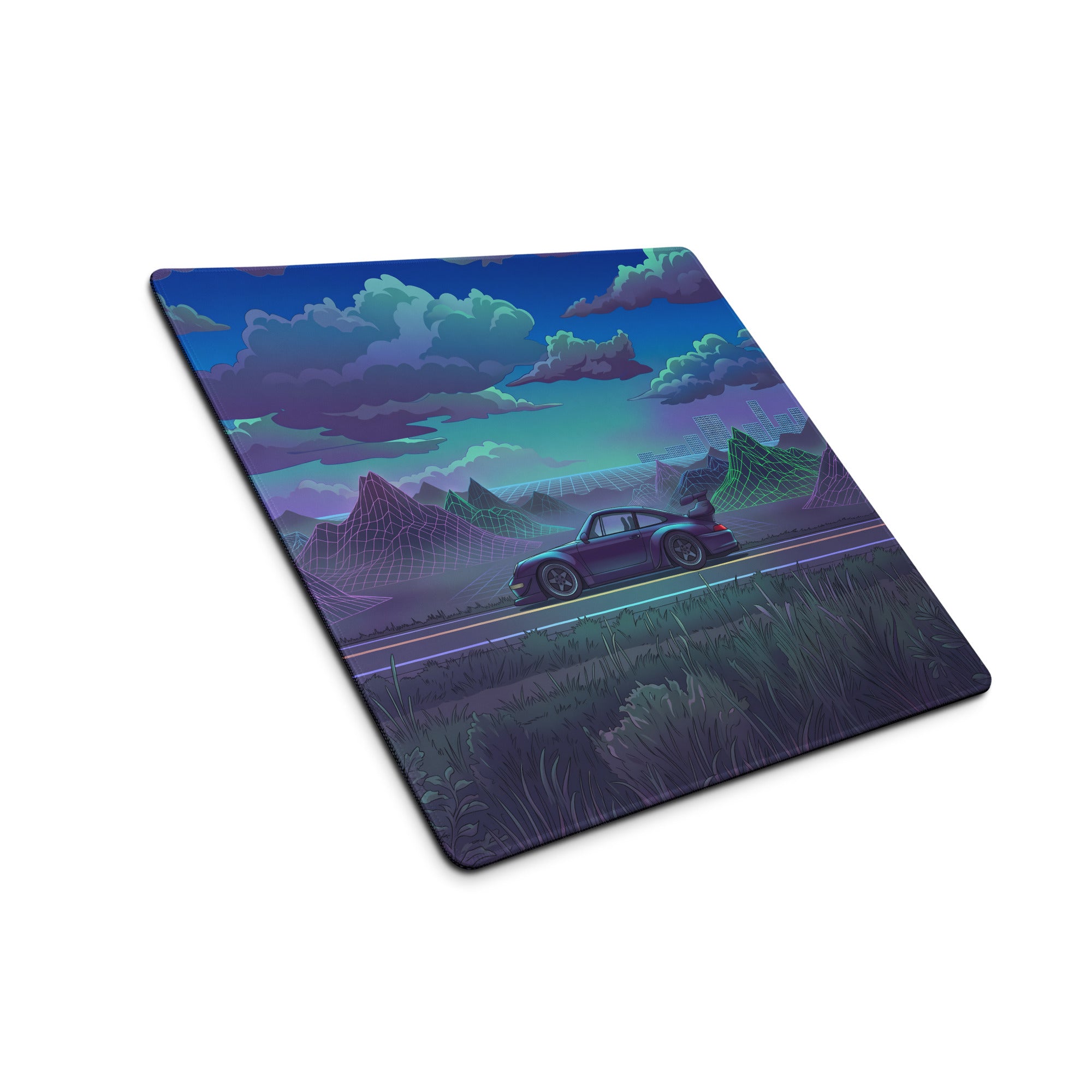 RWB Porsche 911 Inspired Purple Teal Vaporwave Gaming Mouse Pad, Classic Sports Car Desk Mat with Neon Mountain Road and Cloudscape Artwork