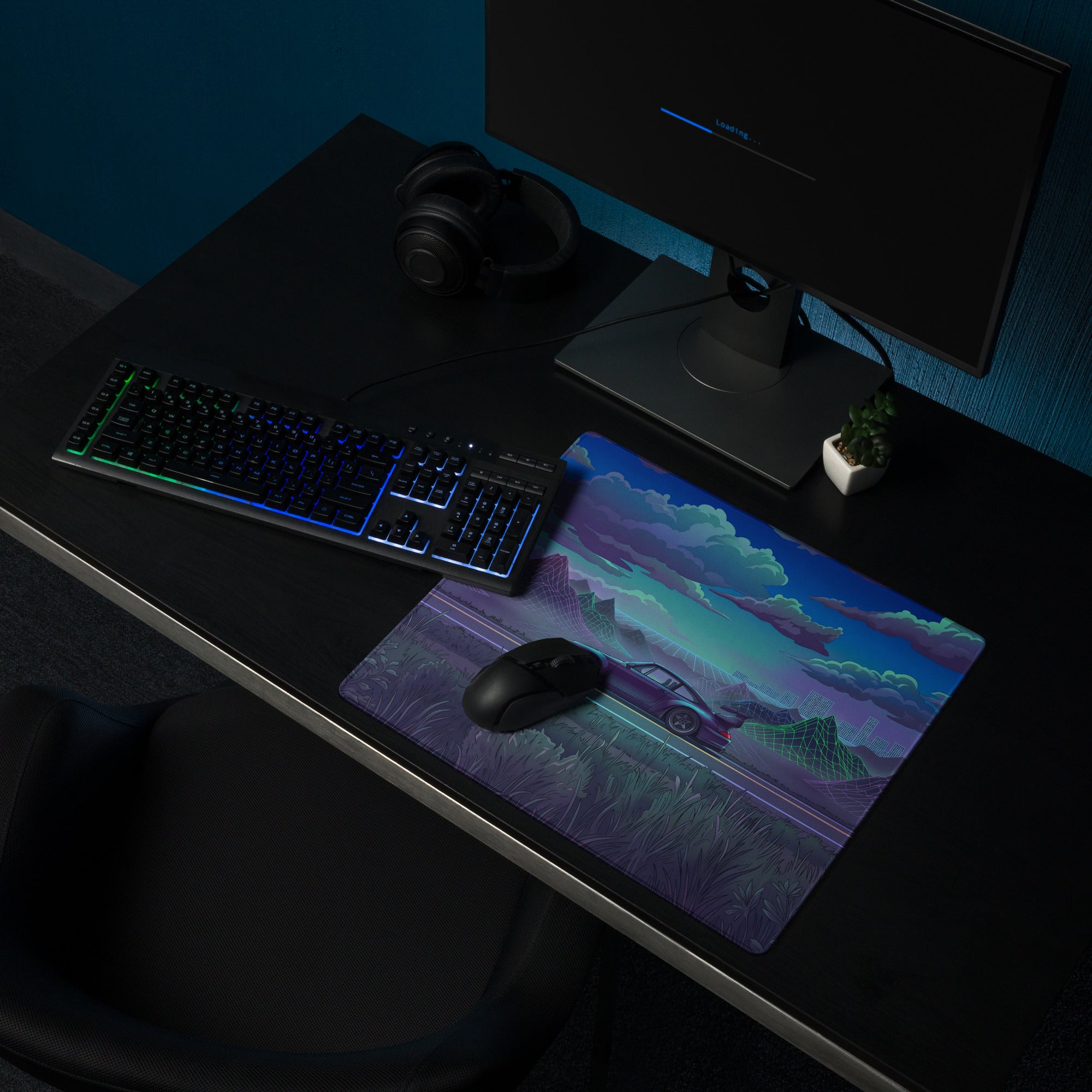 RWB Porsche 911 Inspired Purple Teal Vaporwave Gaming Mouse Pad, Classic Sports Car Desk Mat with Neon Mountain Road and Cloudscape Artwork