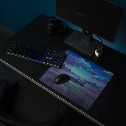 RWB Porsche 911 Inspired Purple Teal Vaporwave Gaming Mouse Pad, Classic Sports Car Desk Mat with Neon Mountain Road and Cloudscape Artwork