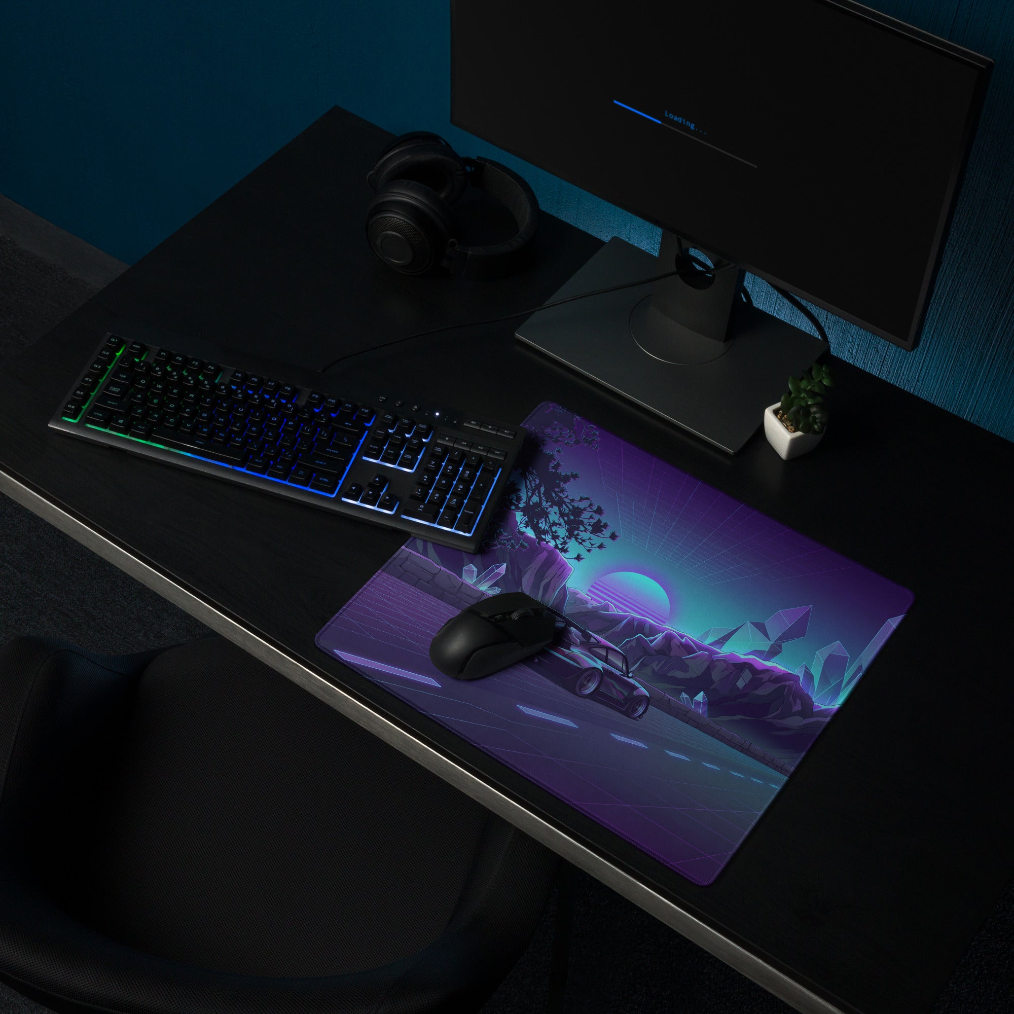 RWB Porsche 911 Inspired Black Purple Vaporwave Gaming Mouse Pad, Classic Widebody Sports Car Desk Mat with Neon Crystal Mountain Road Artwork