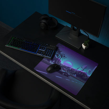 RWB Porsche 911 Inspired Black Purple Vaporwave Gaming Mouse Pad, Classic Widebody Sports Car Desk Mat with Neon Crystal Mountain Road Artwork