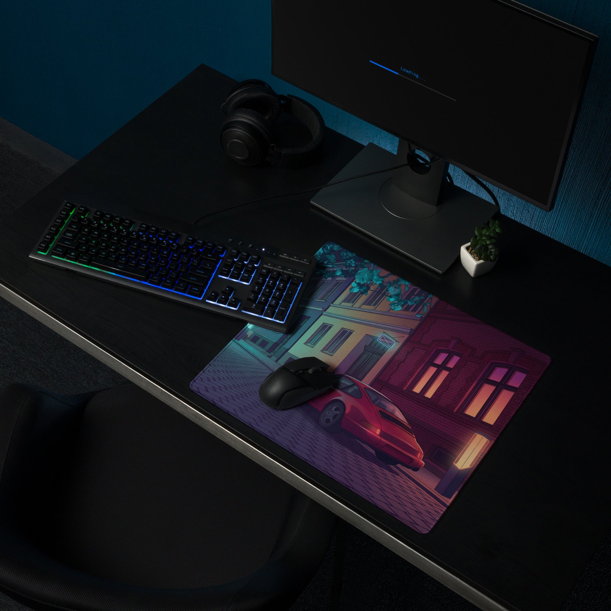 Porsche 928 Inspired Red Teal Vaporwave Gaming Mouse Pad, Classic Grand Touring Sports Car Desk Mat with Neon European Street Artwork