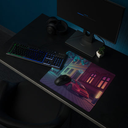 Porsche 928 Inspired Red Teal Vaporwave Gaming Mouse Pad, Classic Grand Touring Sports Car Desk Mat with Neon European Street Artwork