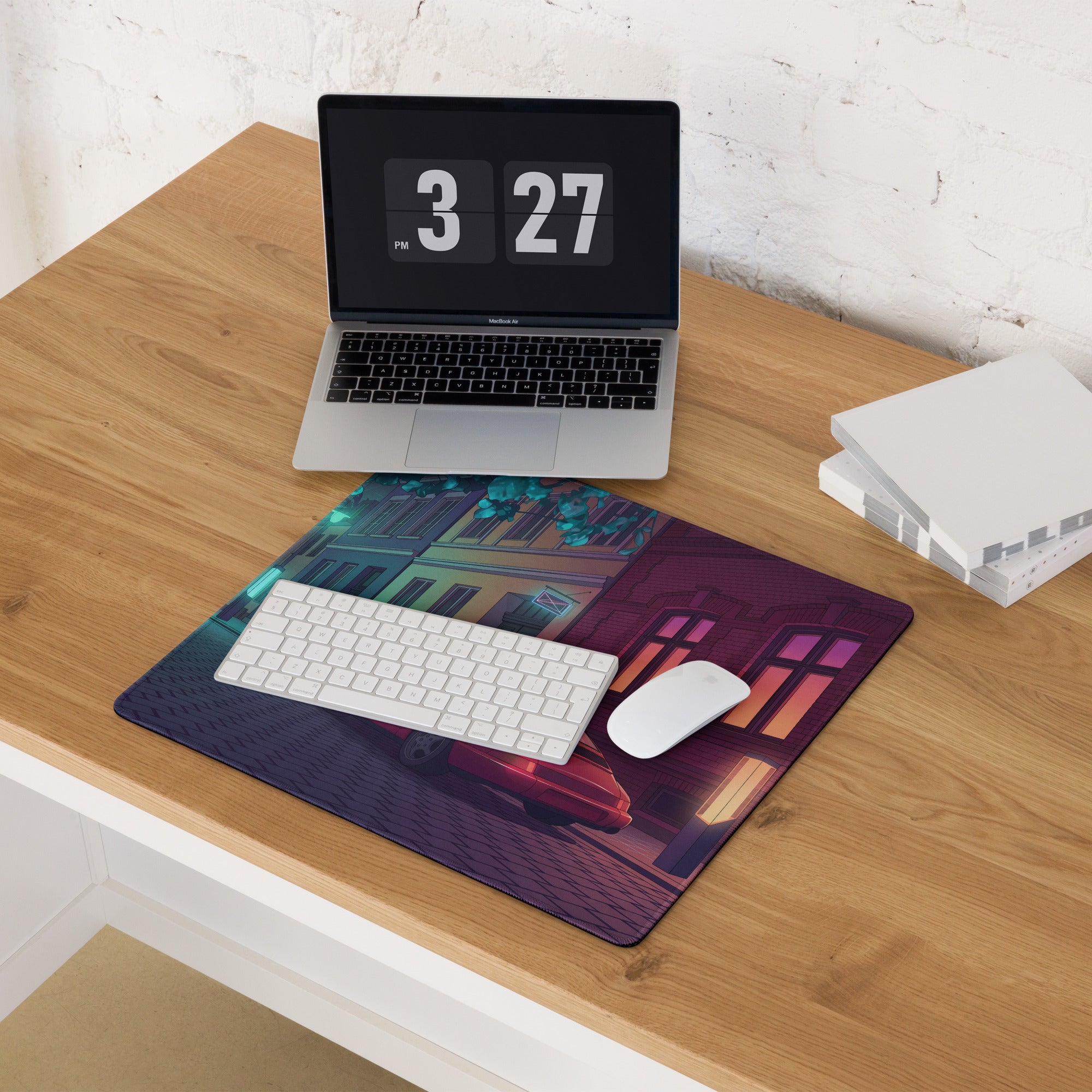 Porsche 928 Inspired Red Teal Vaporwave Gaming Mouse Pad, Classic Grand Touring Sports Car Desk Mat with Neon European Street Artwork