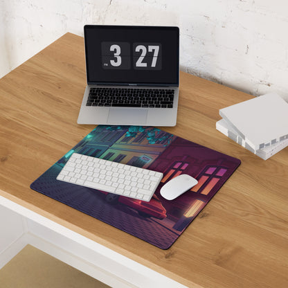 Porsche 928 Inspired Red Teal Vaporwave Gaming Mouse Pad, Classic Grand Touring Sports Car Desk Mat with Neon European Street Artwork